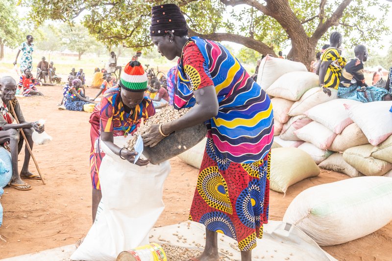 Yom Thou at a seeds and tools distribution in Yirol East. Yom is a farmer, but drought destroyed her crops. She was supported with seeds, tools and emergency food. Photo credit: Achuoth Deng